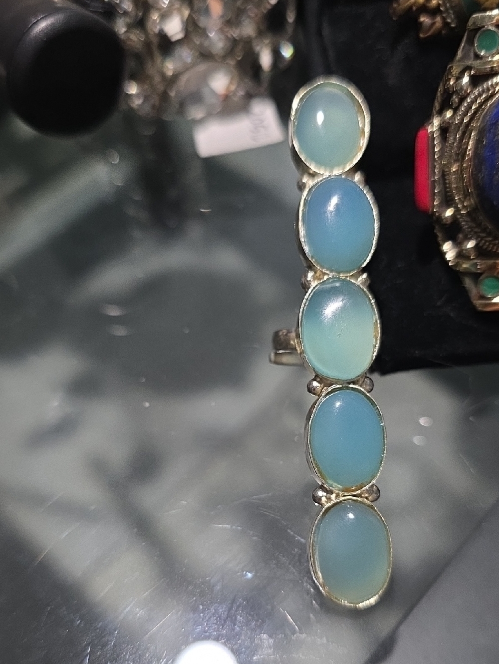 Sterling Silver Opalescent Blue Multi-Stone Vertical Ring